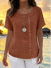 baratos Camisas-Women's Shirt Cotton Blend Blouse Buttons Plain Basic Modern Short Sleeve Crew Neck Regular Tops Daily Holiday Blue White Pink Orange Green Summer