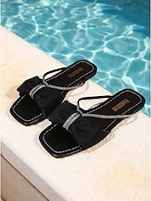 preiswerte Frauen-Weiße Strass-Schleifen-Sandalen für Damen – elegante, flache Pantoletten mit eckiger Zehenpartie und funkelnden Riemchen, ideal für tropische Resorts und zum Entspannen am Pool. &amp;Sommerferien