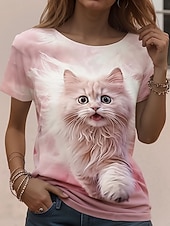 Недорогие Животные пьют-Жен. Футболка С принтом Графика Животное Кот Винтаж Стиль Классика С короткими рукавами Вырез под горло Обычные топы Повседневные выходные Абрикосовый розовый Розовый Хаки Лето Весна Осень
