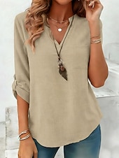 billiga Lyxiga skjortor-Dam Skjorta Linneskjortor i bomull Casual skjorta Blus Slät Stylish Klassisk Modern Långärmad V-hals Vanliga toppar Dagligen Helgdag Utekväll Blå Gul Purpur Grön Kaki Vår Höst