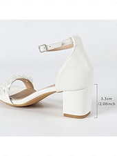 cheap Bride-Women's Ivory White Block Heel Sandals with Pearl Detail - Elegant Bridal Shoes for Garden Weddings