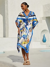 preiswerte Blumenkleider-Ozeanblauer Orchideen-Seidensatin-Kaftan