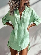 baratos Vestidos Falsos Essenciais-Mulheres Blusa Camisa de algodão 100% Algodão Botões Côr Sólida à moda Básico Casual Manga Longa Colarinho de Camisa Tops longos Diário Azul Branco Rosa Verde Damasco Verão Primavera Outono