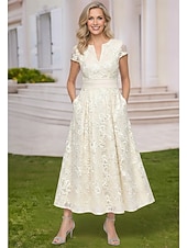 abordables Longitud a la altura del tobillo-Corte A Vestidos Hasta el Tobillo Vestido Cóctel Vestido Invitada Boda Vestido de Madrina Manga Corta Escote en Pico Escote Barco Elegante Casual Formal con Bordados Apliques