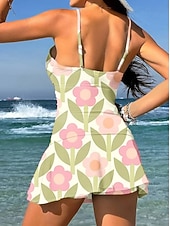 Χαμηλού Κόστους Τανκίνι-Γυναικεία Μαγιό Ενα κομμάτι Φούστα Μαγιό Κομψό Διακοπές Φλοράλ Γραφική Λαιμόκοψη V Αμάνικο Μαγιό
