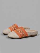 economico Zoccoli e pianelle da donna-muli ricamati bohémien arancioni da donna - slip-on etniche in tela di lino per picnic estivi, vacanze &amp;passeggiate in spiaggia