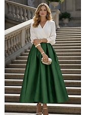 cheap Cocktail Dresses-Two Piece Tea Length Cocktail Dresses Party Dresses Elegant Color Block Long Sleeve V Neck Wedding Party Wear Satin with Pleats