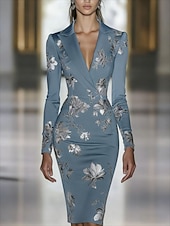 cheap Floral Dress-Women's Mini Dress Bodycon Dress Work Dresses Semi Formal Office Regular Fit Floral Long Sleeve Shirt Collar Black Wine Navy Blue Sky Blue Summer Spring