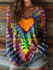 preiswerte Kunst &amp; Design T-Shirt-Damen T Shirt Druck Herz Grafik Batik Bohemien Vintage Ethnisch Langarm V Ausschnitt Normale Oberteile Täglich Blau Gelb Rote Purpur Grün Sommer Frühling Herbst