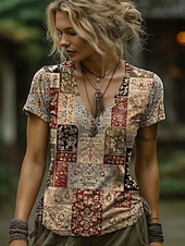 preiswerte Boho-T-Shirt-Damen T Shirt Druck Grafik Paisley-Muster Pflanzen Bohemien Vintage Stilvoll Kurzarm V Ausschnitt Lange Oberteile Täglich Ausgehen Wochenende Blau Schwarz Marineblau Braun Grün Sommer Frühling