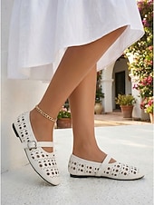 economico Ballerine da donna-ballerine Mary Jane bianche tagliate al laser da donna - scarpe da ballo traspiranti con cinturino e fibbia per resort all'aperto, vacanze tropicali &amp;viaggio estivo