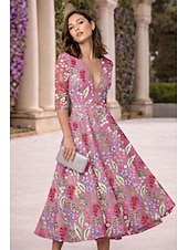 abordables Cocktailjurken-A-Line Tea Length Cocktail Dresses Elegant Vintage Floral Half Sleeve V Neck Garden Party Wedding Lace with Embroidered Flower Embroidery Pocket