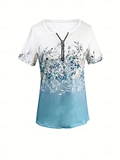 お買い得  フローラルTシャツ-女性用 Tシャツ クォータージップ フラワー グラフィック 植物 トロピカル風 ハワイアン スタイリッシュ 半袖 クルーネック レギュラートップス ビーチウェディング 日常 スポーツ ブルー 夏 春