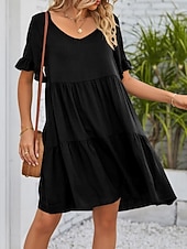 voordelige mini zwarte jurk-Dames Mini-jurk Casual jurk Katoenen jurk Zomerjurk Elegant Modieus Modern Buiten Vakantie Uitgaan Ruim Passend Effen Korte mouw V-hals Zwart Wit Leger Groen Bordeaux Zomer Lente