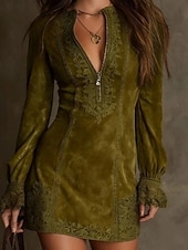 economico Abito Boho Western-Per donna Mini Abito Vestito Casual Abito Elegante Elegante Moda Moderno Quotidiano All'aperto Vacanza Vestibilità regolare Semplice Manica Lunga Collo Alto Blu Marrone Verde Estate Primavera Autunno