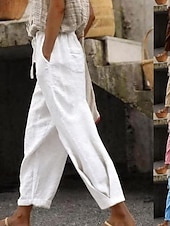 Χαμηλού Κόστους Βασικά Ψεύτικα Κάτω-Γυναικεία Βαμβακερό λινό παντελόνι κινέζικα Ίσια Διακοπές Βασικό Καθημερινό Πλήρες μήκος Ψηλή Μέση Σκέτο Τσέπη Ελαστική ζώνη μέσης Άνετα Άνεση Moale Μικροελαστικό