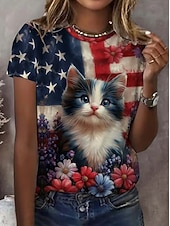 رخيصةأون عيد الاستقلال الأعلى-تي شيرت نسائي وطني لعيد الاستقلال برسمة علم عتيقة أنيقة كلاسيكية بأكمام قصيرة بحافة عادية يومية عطلة مطبوعة زرقاء ربيع صيف