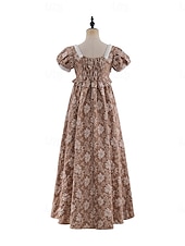 preiswerte Kleid-Retro Vintage Mittelalterlich Renaissance Bodenlang Kleid Ballkleid Kleid im Regency-Stil Puffärmel / Ballon Jacquard Blumen Kostüm Damen Halloween Karneval Abschlussball Hochzeit Maskerade Erwachsene