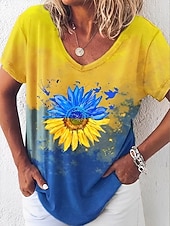 economico T-shirt floreale-Per donna Maglietta Blocco di colore Stampato Floreale Grafico Vintage Elegante Classico Manica Corta Scollo a V Top Regolari Quotidiano Blu Giallo Estate Primavera