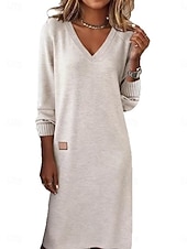voordelige Witte jurk-Dames Halflange jurk Hemdjurk Casual jurk Modieus Basic Dagelijks Vakantie Uitgaan Normale pasvorm Effen Lange mouw V-hals Wit Wijn Kameel Lente Herfst