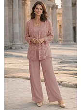 preiswerte Hosenanzüge für Mama-Dreiteilig Hosenanzug Bodenlang Brautmutterkleid Langarm U-Boot-Ausschnitt Elegant Minimalistisch Formell Hochzeitsgast Ferien Chiffon Mit Schal mit Blume