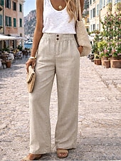 abordables Fondos-Mujer Pantalones con tacto de lino Perneras anchas Chinos Pantalones de verano Ropa de calle Básico Casual Longitud total Alta cintura Plano Bolsillo Confortable Suave Cómodo Rígido Exterior Calle
