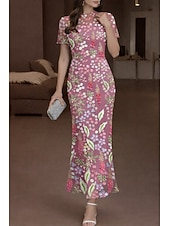 cheap Cocktail Dresses-Mermaid Trumpet Ankle Length Cocktail Dresses Elegant Vintage Floral Short Sleeve Crew Neck Wedding Formal Lace with Embroidered Flower 3D Flowers Appliques