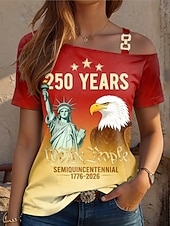 お買い得  独立記念日トップ-アメリカ独立記念日 女性用 Tシャツ プリント アシメントリー グラフィック アメリカの国旗 ヴィンテージ ファッション カジュアル 半袖 ワンショルダー レギュラートップス 日常 お出かけ 週末 ブラック ルビーレッド カーキ色 夏 春