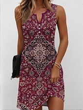 voordelige Boho Jurken-Dames Mini-jurk Hemdjurk Zonnejurk Zomerjurk Off-the-shoulder jurk Vakantie Casual Boho Dagelijks Feestdagen Uitgaan Normale pasvorm Grafisch Tribal Mouwloos V-hals blauw Marine Zwart Wijn Zomer Lente