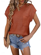 halpa Kiinteät värit-Naisten Neulos Pusero Tyylikäs Muoti Katutyyli Yhtenäinen väri Tiukka pyöreä kaula-aukko Kudottu Lyhyt hiha Tavalliset topit Neuloa Päivittäin ulko- Viikonloppu Punainen Ruskea Musta Kesä Kevät