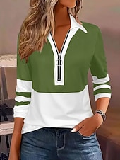 cheap Stripe&amp;Geometric Blouses-Women's Blouse Zipper Striped Stylish Casual Long Sleeve Turndown Regular Tops Daily Blue Black Wine Brown Green Spring Fall