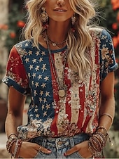 Χαμηλού Κόστους Ημέρα Ανεξαρτησίας Κορυφή-Ημέρα Αμερικανικής Ανεξαρτησίας Γυναικεία Μπλουζάκι Στάμπα Γραφική Γράμμα Αμερικάνικη σημαία Στυλάτο Κλασσικό Καθημερινό Κοντομάνικο Στρογγυλή Ψηλή Λαιμόκοψη Κανονικά μπλουζάκια Καθημερινά Ρουμπίνι