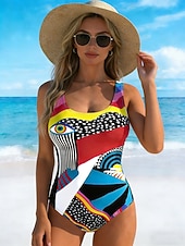 Недорогие Монокини-Жен. Купальники Один кусочек Высокий вырез купальник Одежда для пляжа лето Графика Геометрический принт U-образный вырез Без рукавов Купальники