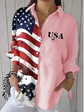  Amerikanischer Unabhängigkeitstag Damen Hemd Gerafft Blumen Grafik Flagge Vintage Stilvoll Langarm Flattrige Ärmel Glockenärmel Hemdkragen Normale Oberteile Täglich Arbeit Ferien Blau Schwarz Wei