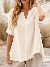 preiswerte Hemden-Damen Bluse Kunstbaumwollleinen Einfarbig Elegant Stilvoll Basic Kurzarm V Ausschnitt Normale Oberteile Täglich Blau Schwarz Purpur Grün Beige Sommer Frühling Herbst