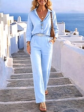 tanie Niezbędne zestawy akcesoriów Faux-Damskie Zestawy spodni Bolerko górne Sztuczna bawełna len Długi rękaw W serek Jednokolorowe Moda Moda miejska Codzienny Na zewnątrz Urlop Niebieski Lato Regularny