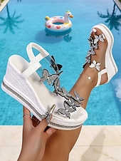 cheap Women-Women's White Butterfly Wedge Sandals - Sparkly Rhinestone Platform Heels for Resort Pool Parties, Tropical Vacations &amp; Summer Glamour