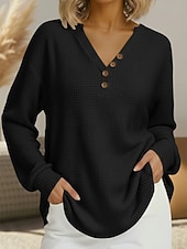 billiga Enkel t-shirt-Dam Texturblus Våffelskjorta Våffel T-shirt Blus Knappar Slät Stylish Klassisk Modern Långärmad V-hals Vanliga toppar Dagligen Helgdag Utekväll Svart Vit Rubinrött Marinblå Vår Höst