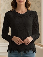 abordables Hauts en dentelle-Femmes Chemise Chemisier Hauts en dentelle Dentelle Uni ancien Classique Occasionnel manche longue Col ras du cou Hauts Réguliers Quotidien Fête Sortir Bleu Noir Blanche Rose Claire Vin Printemps