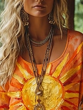 abordables Tops Boho-Mujer Camiseta bohemia Camiseta Camiseta superior Estampado Graphic Vintage Étnico Casual Manga Larga Escote en Pico Tops regulares Diario Fin de semana Ropa de vacaciones Amarillo Rojo Naranja Verde