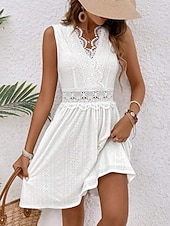 cheap White Lace Dresses-Women's Mini Dress Lace Dress White Dress Elegant Fashion Modern Outdoor Vacation Going out Regular Fit Plain Sleeveless V Neck White Summer Spring