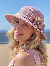 levne Dámské klobouky-Dámský skládací bohémský slaměný klobouk proti slunci – lehká prodyšná polyesterová plážová čepice s květinovou mašlí, více barev pro letní dovolenou, běžné nošení i cestování