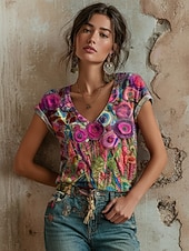  Per donna Maglietta Stampato Floreale Grafico Graffiti Bohemien Vintage Casual Manica Corta Scollo a V Top Regolari Quotidiano Blu Azzurro cielo Viola Verde Estate Primavera
