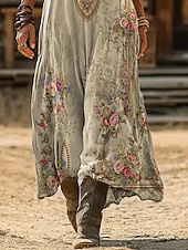  Damen Maxikleid Boho-Kleid Vintage-Kleid Freizeitkleid Vintage Täglich Outdoor Urlaub Lässiger Schnitt Blumen Langarm V Ausschnitt Blau Hellgrün Marineblau Dunkelgrün Frühling Herbst