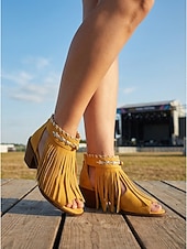preiswerte Frauen-Blaue Bohemiao-Fransen-Peep-Toe-Sandalen für Damen mit Blockabsatz – Sommerschuhe im Western-Stil mit offener Spitze für Musikfestivals und Freizeitausflüge