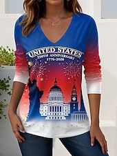  Футболка ко дню независимости американская годовщина патриотическая с принтом графики американский флаг винтажная стильная повседневная с длинным рукавом V-образный вырез обычные топы повседневная на