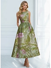 preiswerte Cocktailkleider-A-Linie Tee-Länge Abendkleid Cocktailkleider Elegant Ärmellos U-Boot-Ausschnitt Hochzeit Formell Jacquard mit Falten