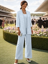 preiswerte Hosenanzüge für Mama-Dreiteilig Knöchellänge Brautmutterkleid Dreiviertelarm Rundausschnitt Party Glanz &amp; Glamour Hochzeitsgast Hochzeitsfeier Familientreffen Chiffon Spitze mit Paillette Einfarbig