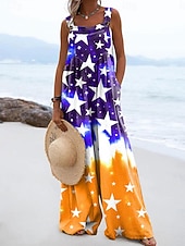 preiswerte Unabhängigkeitstag Hosen-Unabhängigkeitstag Patriotic Damen Latzhosen Aktiv Floral Ärmellos Ärmellos Weite Beine Quadrat-Ausschnitt Pocket Knöpfe Täglich Strand Lockere Passform Rot Lila Orange Sommer