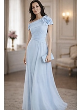 cheap Floor Length-A-Line Dress Floor Length Party Dress Cocktail Dress Wedding Guest Dress Mother of the Bride Dress Short Sleeve Bateau Neck Elegant Vintage Formal Chiffon with Ruched Appliques Flower